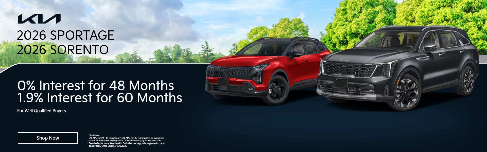 0% 48mo or 1.9% 60mo on 2026 Kia Sportage/Sorento